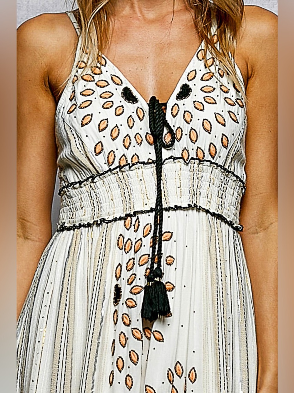 Deep V-Neck Tassel Ruffle Embroidered
Trim Maxi Dress - Picture 6 of 6